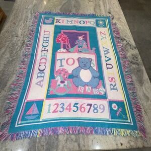 Vintage 80's Riegel Jacquard Fringed Baby Blanket Toys ABCs Pastel 100% Cotton